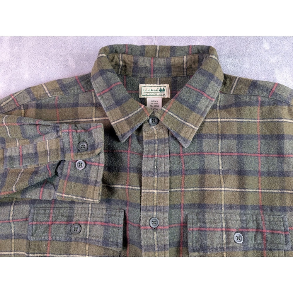 LL Bean Mens XL-REG Pockets Soft Chamois Green Plaid Windowpane Flannel